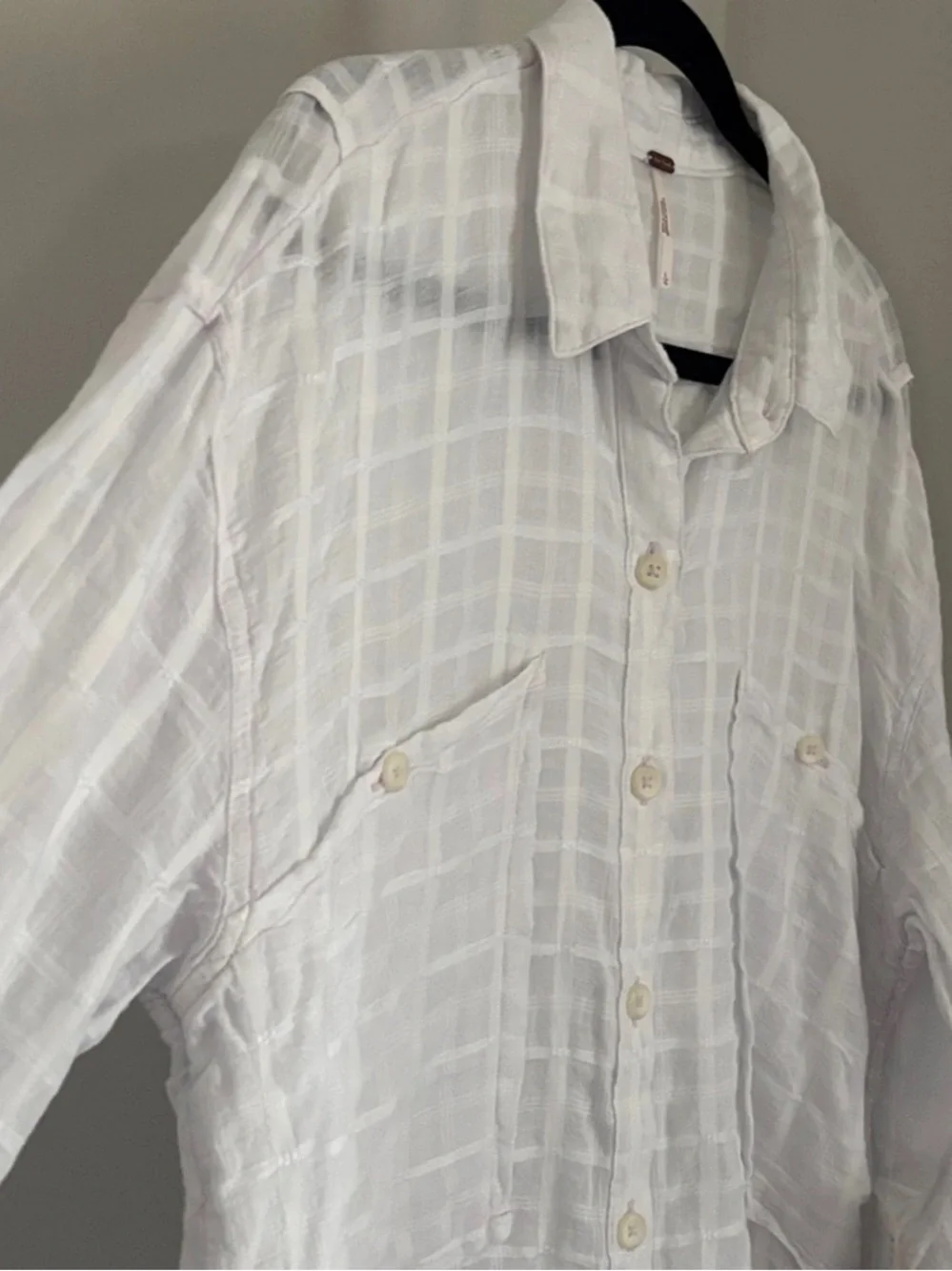 Free People Loveland Women’s White Button-Up Long Sleeve Windowpane Plaid Size L